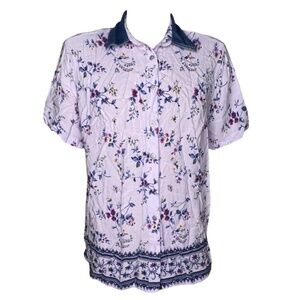 New Look Floral Denim Collar Button Up Shirt (Size: 1X, Color: Lavender/Blue)
